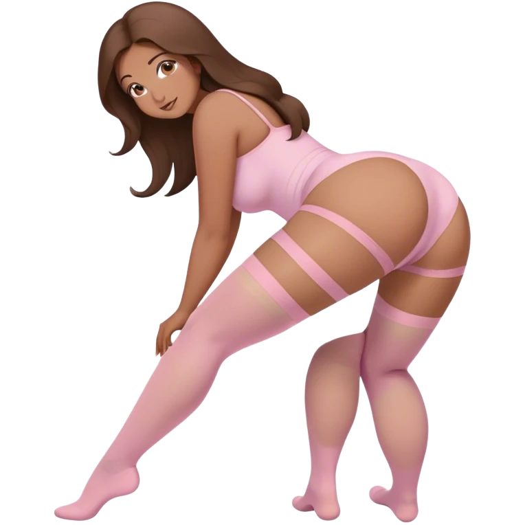 curvy brown long hair and brown eyes, intimate bending over arched back sfw light pink nylon stocking pose emoji