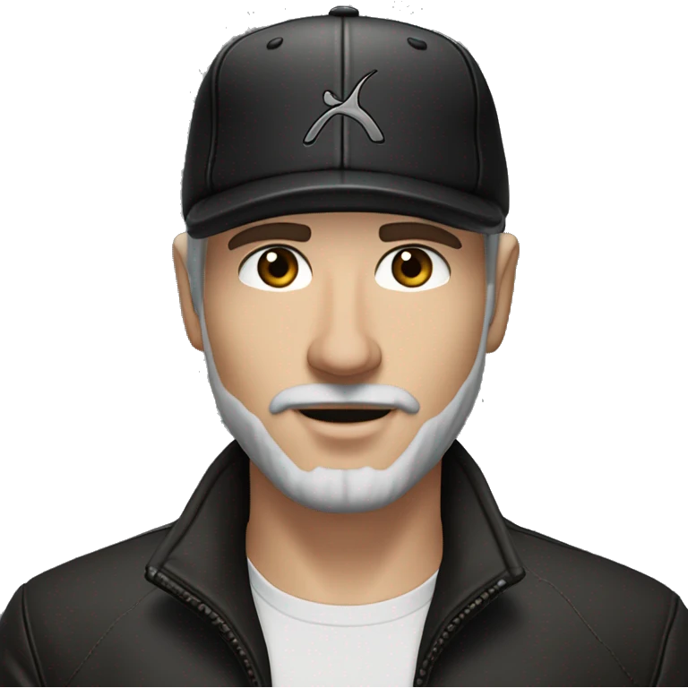 An adult white skin portrait of male with stubble and a slightly gray beard, brown hair, black eyes, wearing a black Reebok cap with a round emblem on his head, and a black leather jacket. emoji