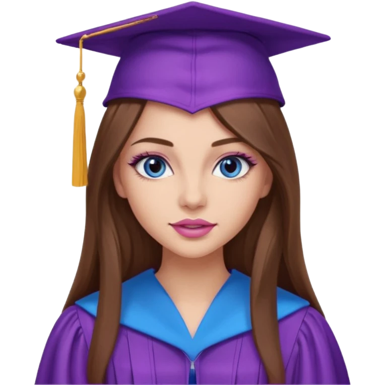 pretty girl with beautiful extremely long brown hair, blue eyes, long lashes makeup, sexy pink lips, wearing a purple and light pink graduation cap and gown emoji