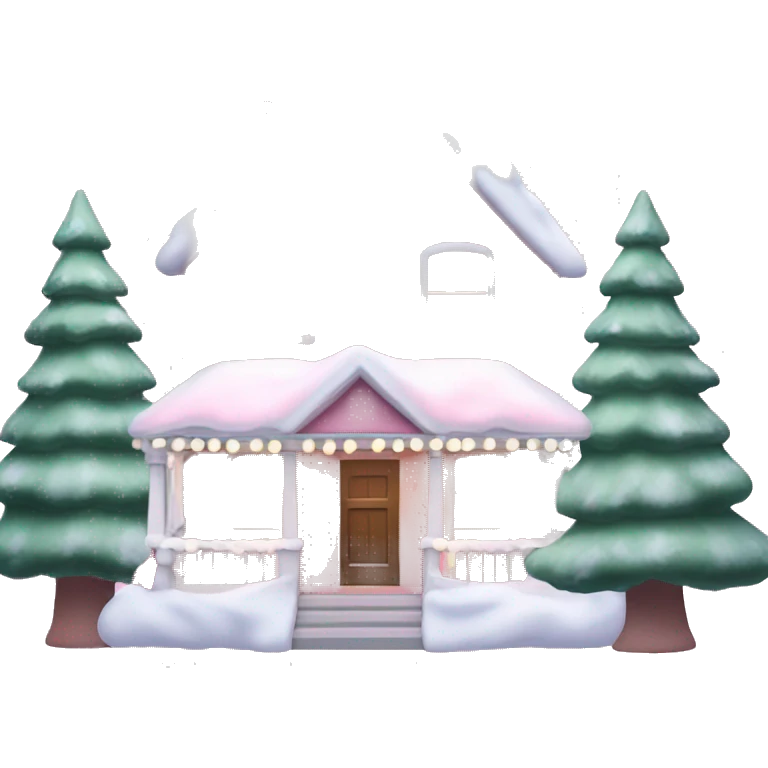 Pastel pink Christmas house with Christmas lights and evergreen trees emoji