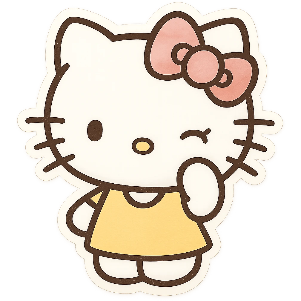 hello kitty emoji style, normal white head, pink bow, winking expression, yellow dress emoji