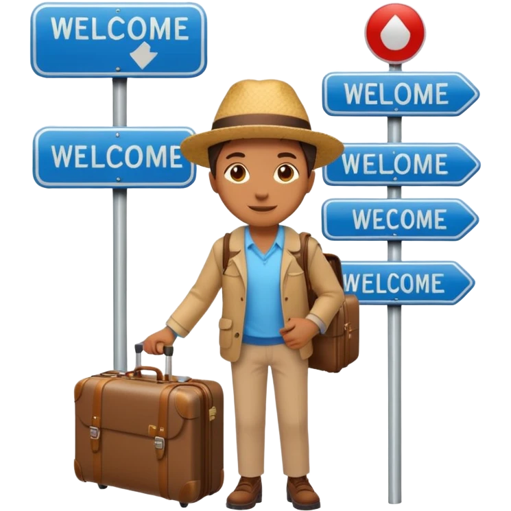 a traveler with a suitcase beside a city welcome sign, friendly and vibrant emoji style emoji