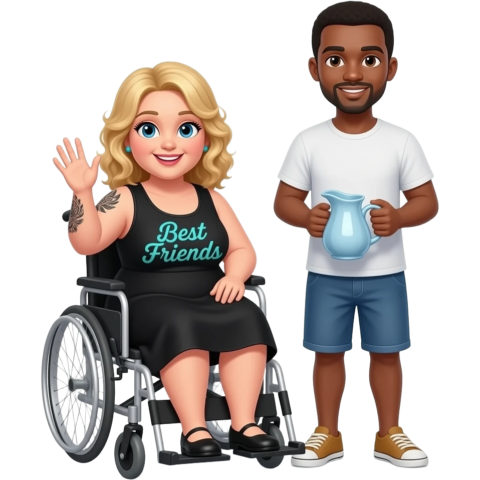 Plus size women waving in wheelchair Blonde curly hair blue eyes black tattoos on right lower arm wearing a black summer dress saying “Best Friends”in cursive teal writing above a pitcher of a African American man with black hair brown eyes NO facial hair emoji