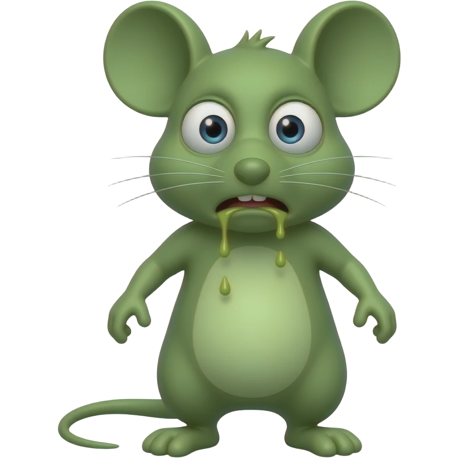 A little green mouse standing upright, with arms and legs that look like those of a little person, staring at us with a disgusted, revolting and nauseating look on its face. With vomit on his mouth. The mouse’s body is entirely green. emoji