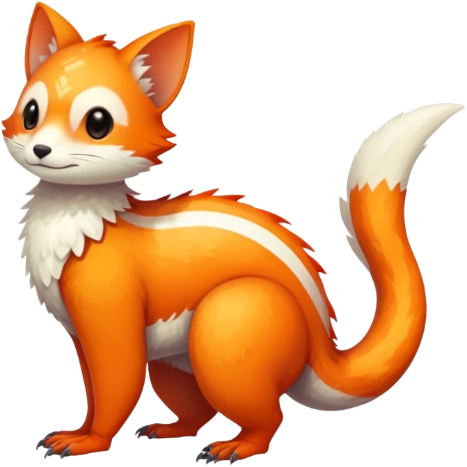 lush warm-colored Fakémon-Trico-creature (full body) with white cheek markings, white-striped tail emoji