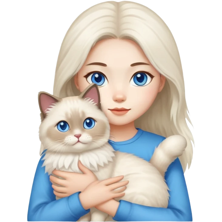 Asian girl holding a fluffy ragdoll cat with blue eyes and colorpoint fur emoji