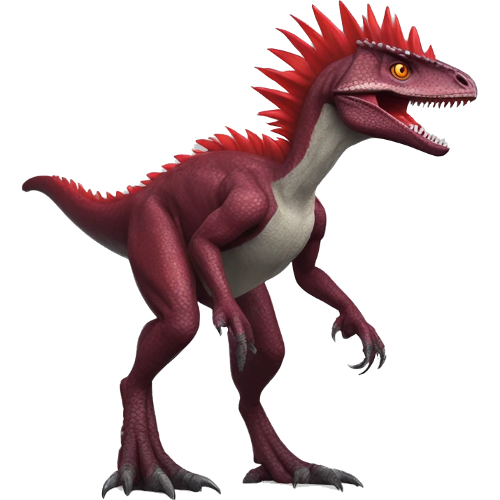 Cool edgy sexy Maroon-colored velociraptor with bright-red spiky mane full body emoji