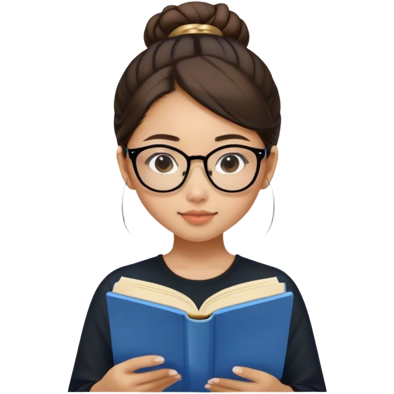 pretty asian girl sitting reading a blue book black top gold glasses brown hairbun emoji