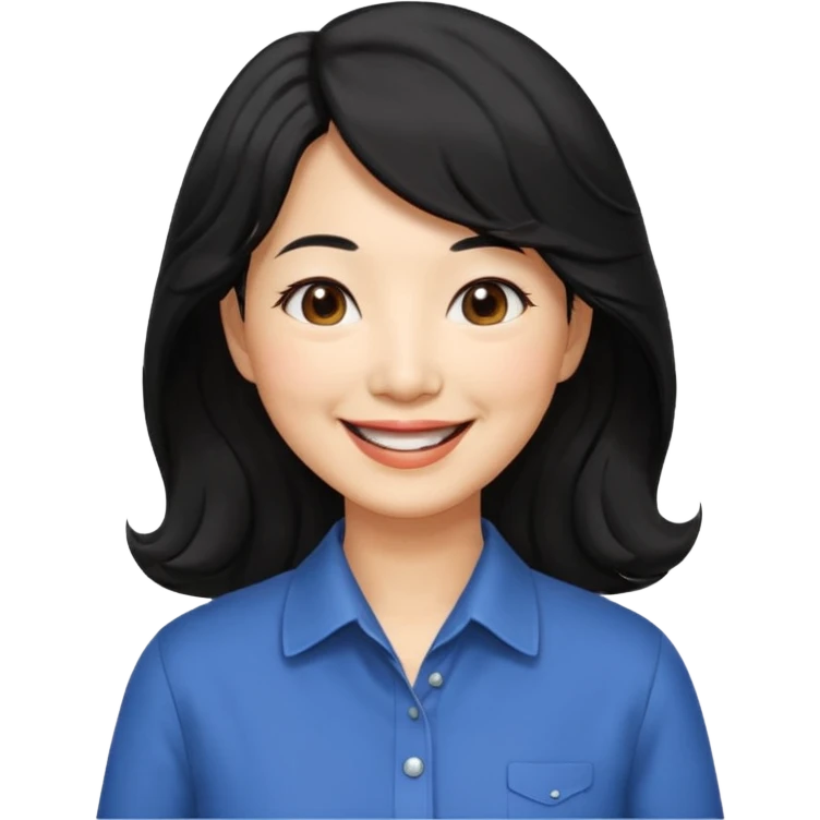 60 yr old asian woman, wavy thick black hair past shoulder length, side part, side swept bang, big smile, collared shirt, long hair emoji