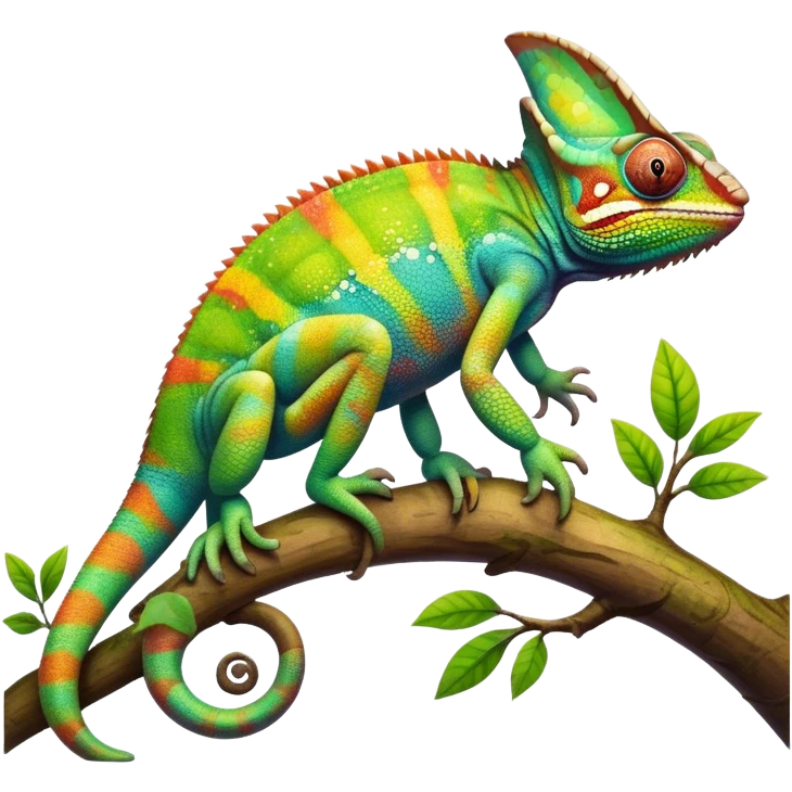 Giant Chameleon blending into natural surroundings, perched on a branch. Its vibrant colors shift with the environment. Lush greenery, branches, and soft sunlight create a peaceful, nature-filled background. Transparent background, showcasing the chameleon's colorful, textured skin. emoji