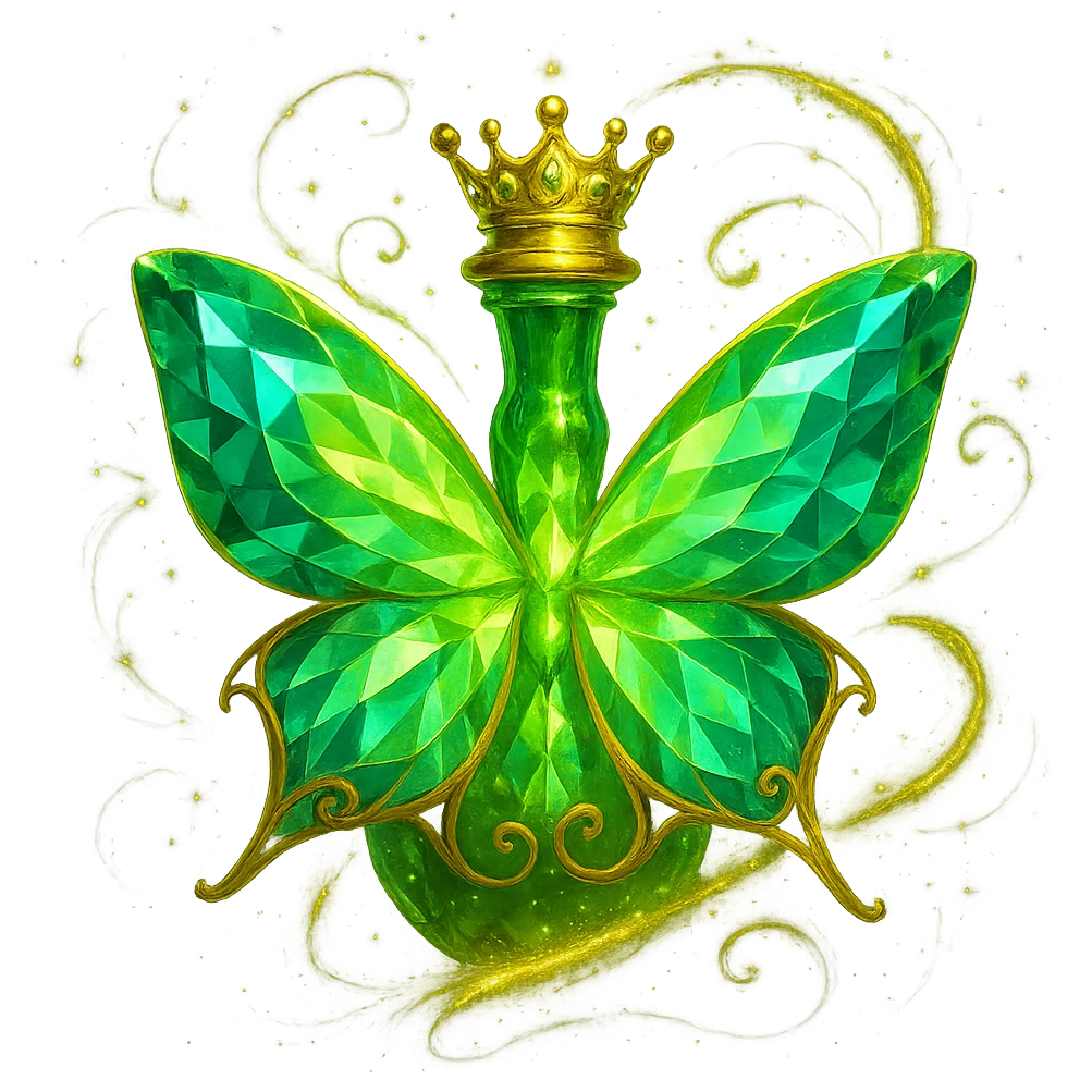 Enhance the butterfly by adding swirling, floating magical sparkles and glowing effects around it, inspired by luxury elixir bottle effects. Do not alter the butterfly itself, only add magical, luxurious energy and sparkles around it. Transparent background, no shadow or base. emoji