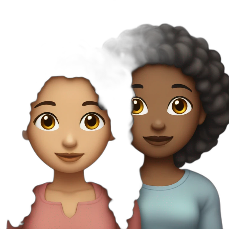 SISTERS!:subject 1 is Latina with long black hair hazel eyes, subject 2 is a pretty ebony woman with almond eyes and afro puffs, the couple is hugging emoji