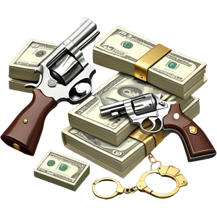 Icon for Action & Crime Reading: an open book, a revolver, handcuffs, a stack of cash. Surrounding elements include a dark alley, a police badge, and a pair of sunglasses. The icon should evoke tension, suspense, and action. Transparent background. emoji