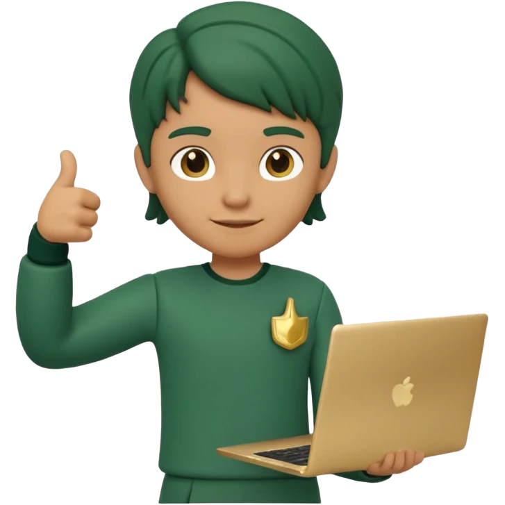 3D clay character standing confident, laptop under arm, thumbs up, deep green (#0B3D2C), cream laptop, gold accents, cute rounded, transparent background emoji