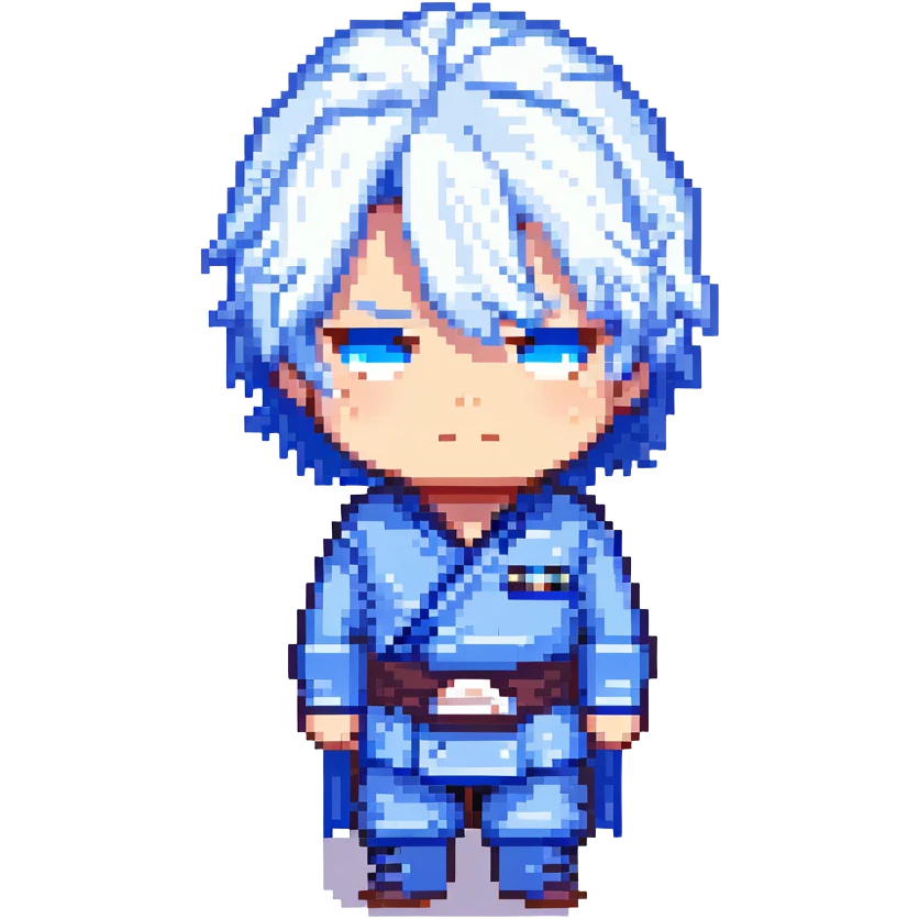 Gojo Satoru from Jujutsu Kaisen, pixel art style, white hair, blindfold, blue highlights, chibi proportions, simple background emoji