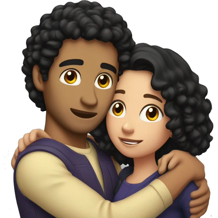 Man with black curly hair hugging brunette girl emoji