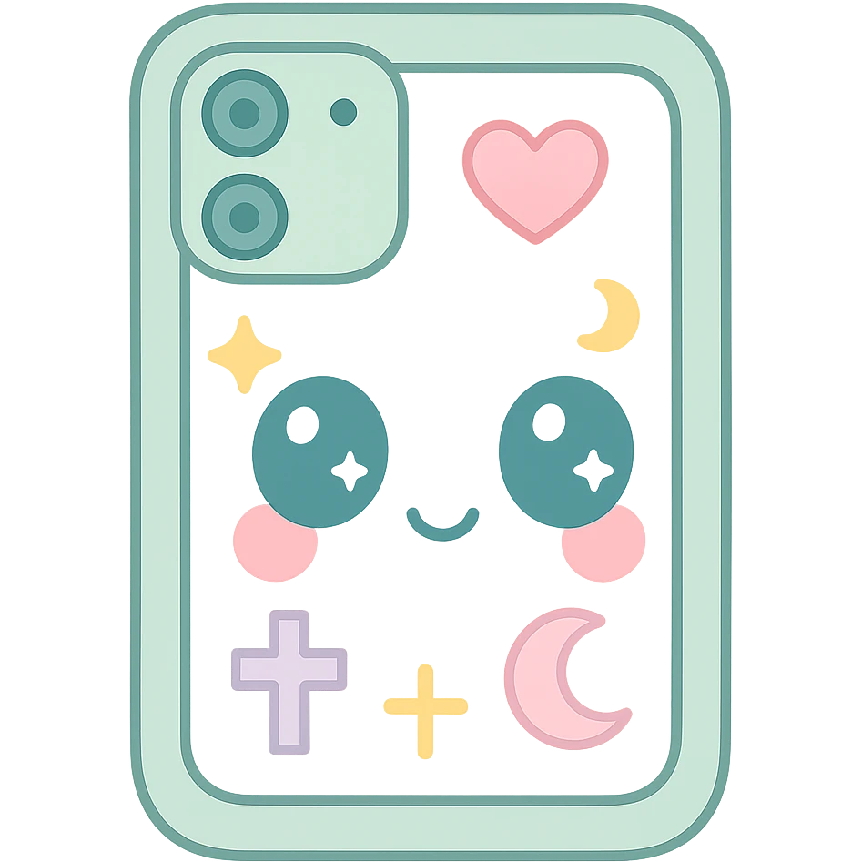 Remove any purse or purse-matching elements. Focus only on a white and black gothic kawaii phone case with big eyes, smiling, playful, cartoonish style, and gothic symbols. No purse references. No background. emoji