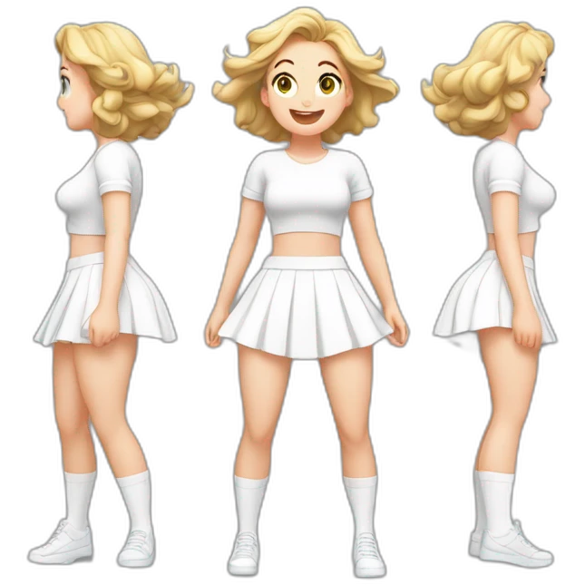 full-body-caucasian-curvy-beauty-jumping-short-black-skirt-back-and-front-views-strong-wind-white-knickers-long-white-socks emoji
