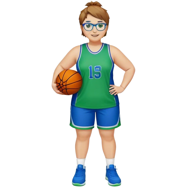 Full Body plus size white female basketball player with short light brown hair with carm highlights spike hair wearing blue glasses  wearing blue green uniform  green sneakers smiling l emoji