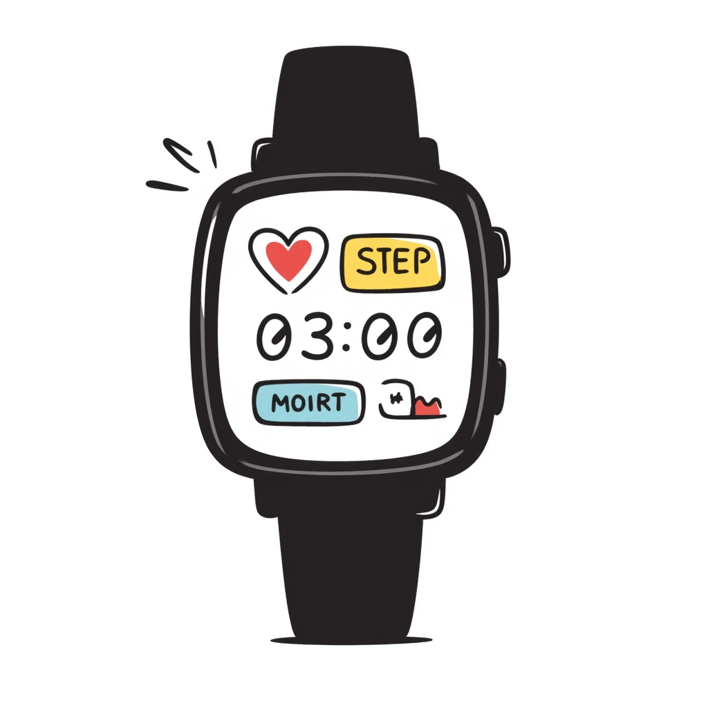 A fitness smartwatch with health tracking display in pastel colors (dd9fb0, ffc6d3, a3bfc9, c4bee2, f1b091), hand-drawn doodle style emoji