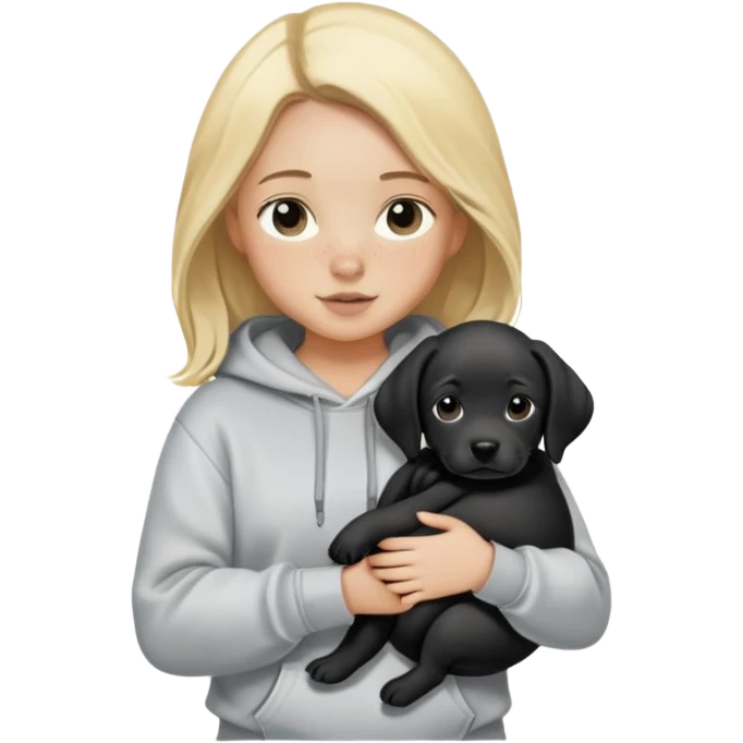 Blonde girl with smooth hair and a center part, light skin with freckles, wearing a hoodie and carrying a black baby labrador puppy in her arms emoji