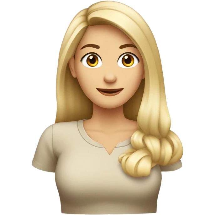 Mujer con cabello rubio lacio, bajo el hombro, con flequillo de lado, frente amplia y aros de argolla. Camisa color beige con cuello tortuga emoji