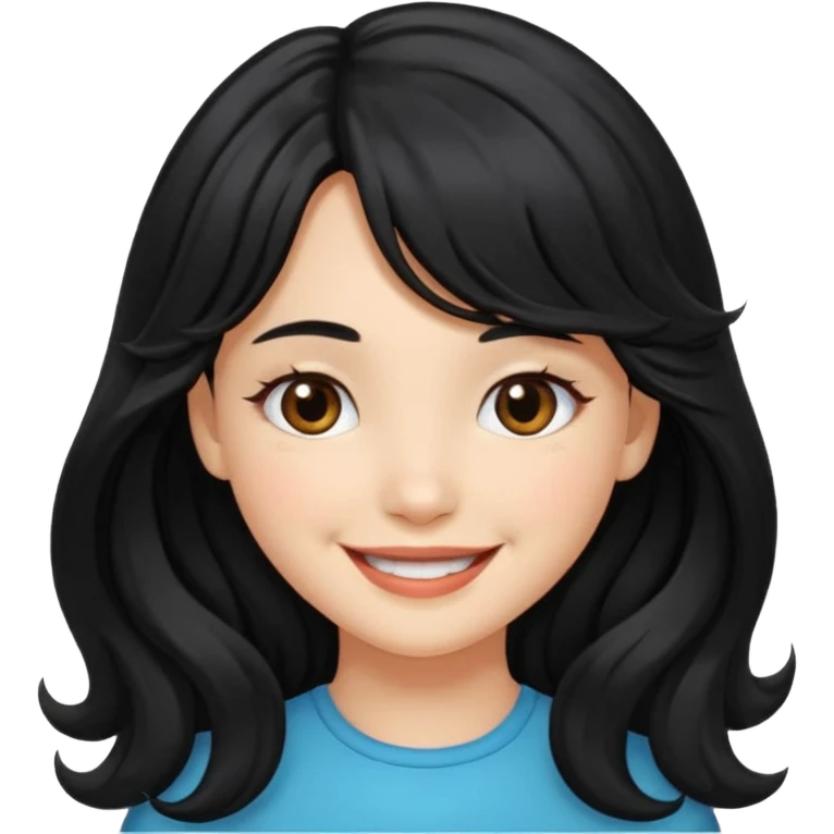 Please generate a portrait of a pretty girl with long, wavy, black hair. She's smiling. She also wears a middle parting and bangs. emoji