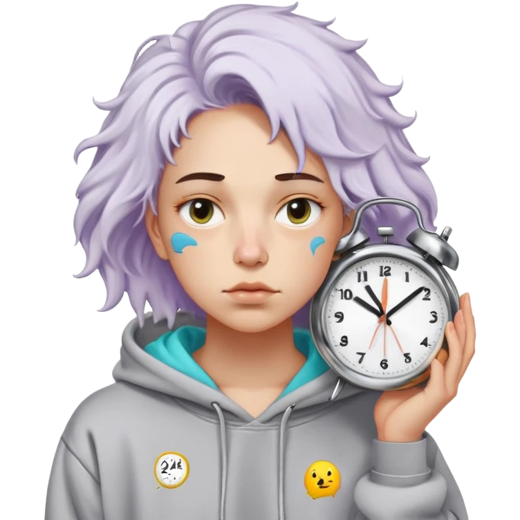 Gender: Non-binary Hair: Bedhead waves with post-nap crease on cheek Face: Blank thousand-yard stare Clothes: Wrinkled company-logo hoodie (3 sizes too big) Action: Holding "24/7" neon sign with melting clock emoji