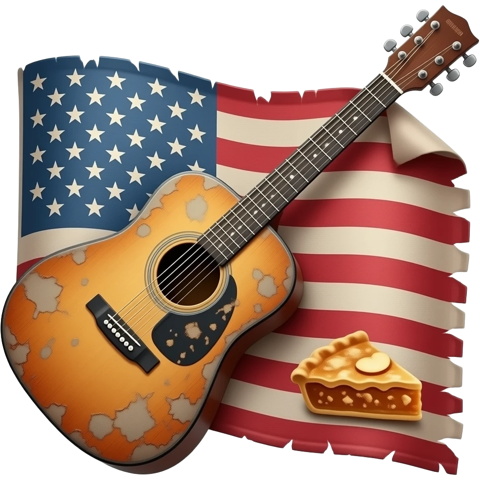 an old guitar dipped in a piece of apple pie placed on a rolled up old American flag emoji