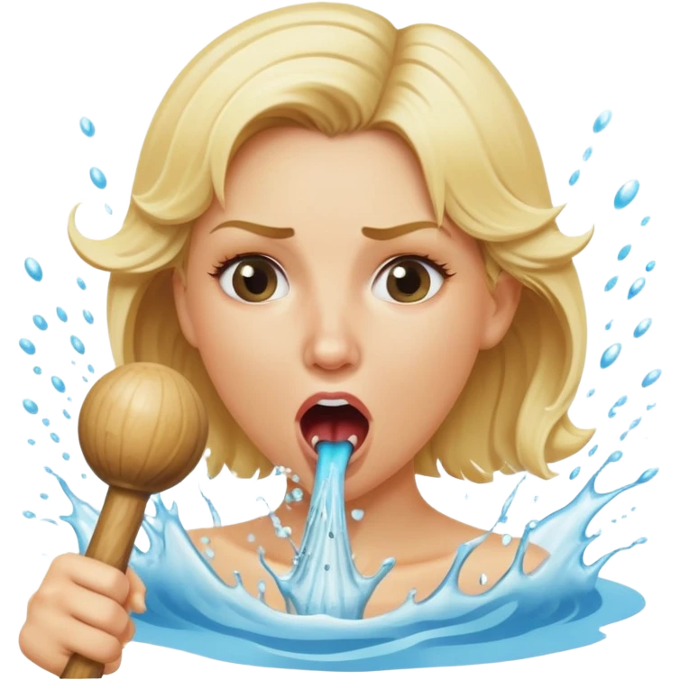 blond woman biting a wide stick with a round knob, both the same color as her skin, the knob has visible skin texture, water jet shooting from the knob into her mouth, surprised look emoji