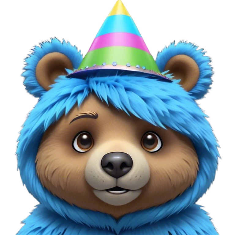 3D, adorable little Pixar style blue neon punk bear wearing a party hat, ultra detailed, each lash, eye, and strand of fur is shown in stunning detail as though captured in a timeless photograph, rich textures, visually rich, so lifelike it feels like it could leap off the page at any moment emoji