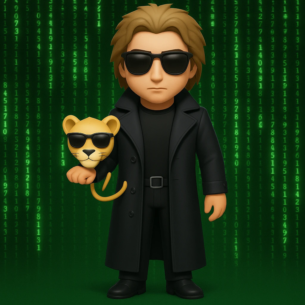 Add a green Matrix code background to the Matrix-inspired Neo with a lion's face, keeping the emoji style look and feel. emoji