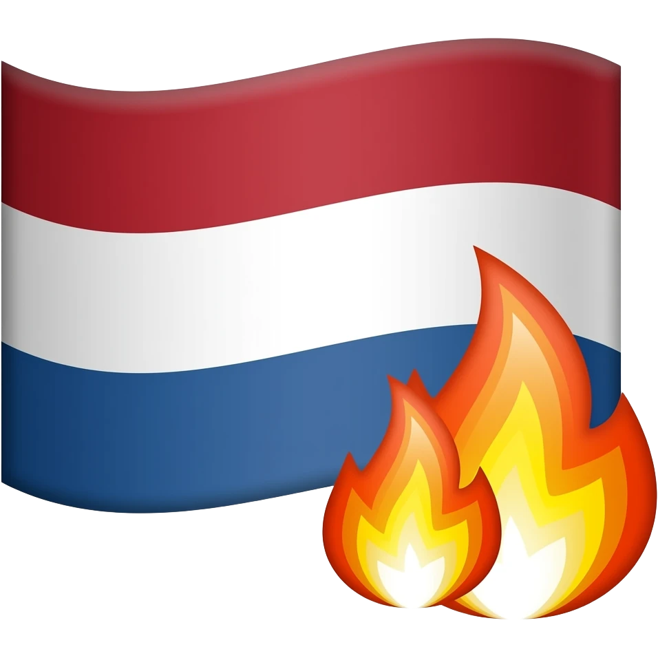 dutch flag  with two small fire emjoies next to each other overlaping, one fire emojy bigger than the other on top of the flag in the right bottom emoji