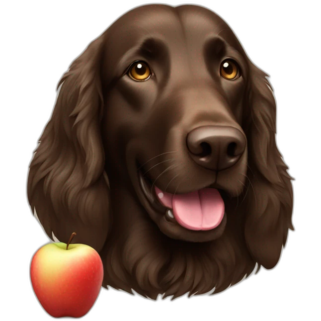 Brown flat coated retriever eating an apple emoji