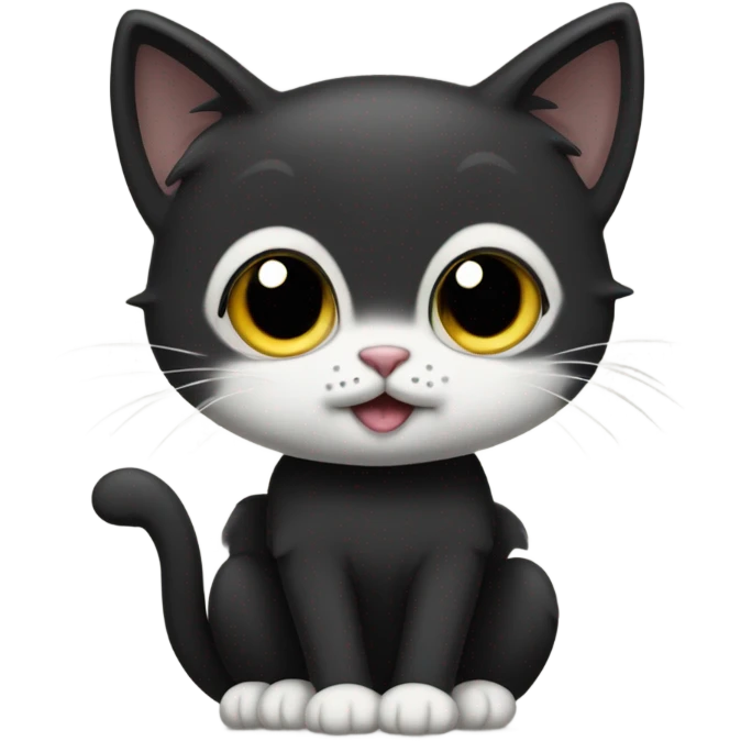Small, short-haired, black-faced black cat with a white tummy sitting up emoji