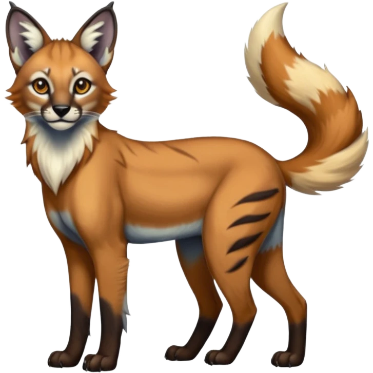 Realistic edgy bluish greyish blackish whitish silvery coppery Shiny Colorful Dusky Dark Gloomy Glossy Maned-Wolf-Genet-Caracal-Lion-Bobcat-fusion-animal-hybrid-creature, full body, tufted ears, long thin tufted tail emoji