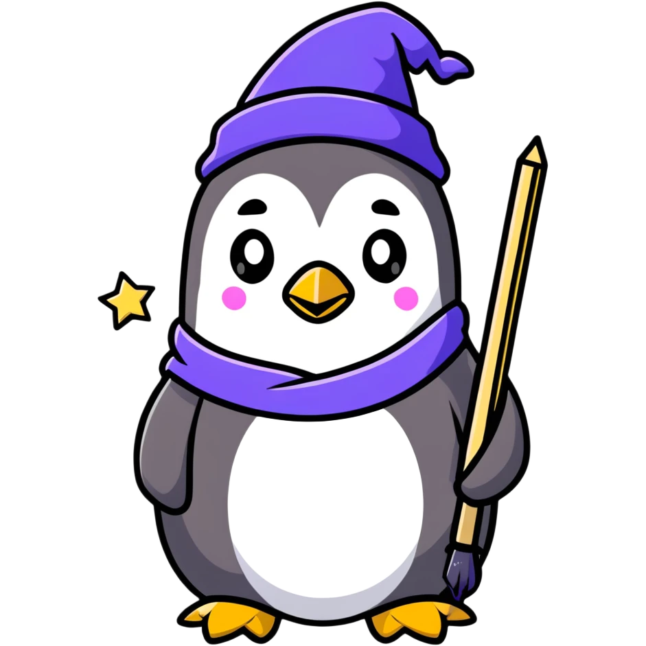cartoon penguin wizard with a starry hat and magic wand, vibrant colors emoji