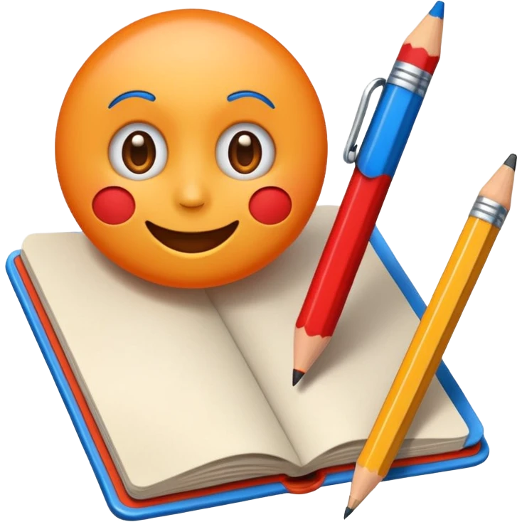 Create a colorful and fun emoji icon representing cartooning. Include elements like a pencil, sketchbook, and exaggerated facial expressions. Use bright, playful colors like orange, red, and blue, and make sure the design reflects a lighthearted, creative vibe. Ensure the background is transparent. emoji