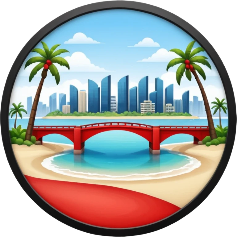 a circle island with modern buildings, a beach with palm trees in the front. also, a red bridge behind.  emoji