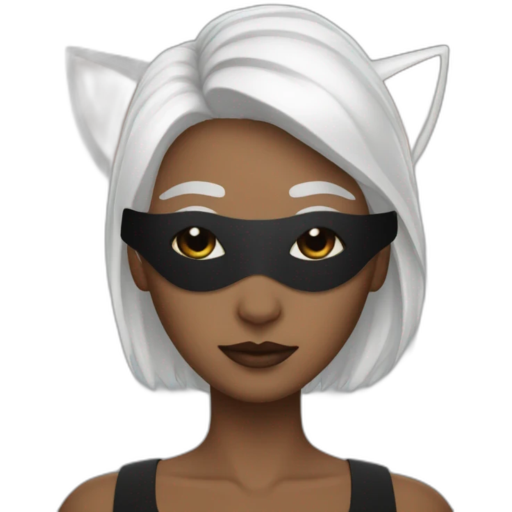 A woman with white hair and cat ears and a black mask around her eyes has white skin  emoji