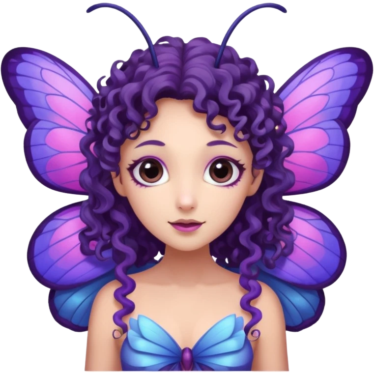 moth fairy with dark curly hair, light purple skin, and moth wings of blue purple and pink. she has moth antenna emoji