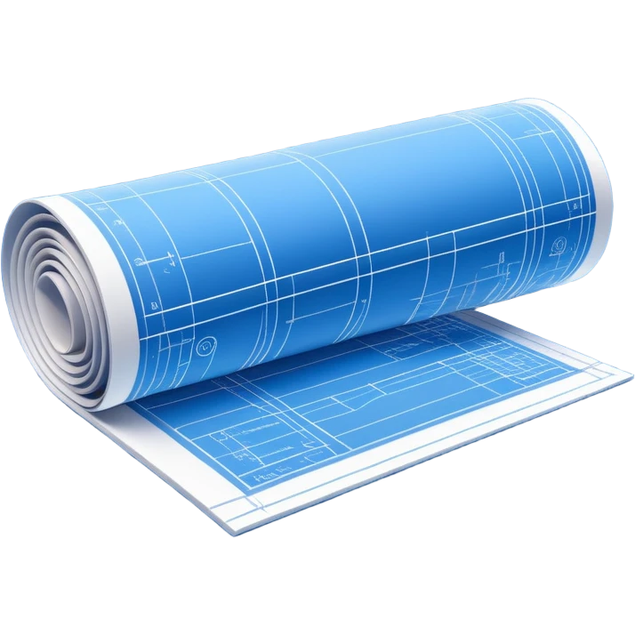 side view of a blue blueprint plan with white lines, partially unrolled emoji