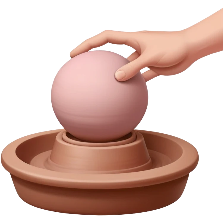 one hand pressing down on a pink ball of clay above an empty pottery wheel, with the clay not touching the wheel surface, hovering slightly above it emoji