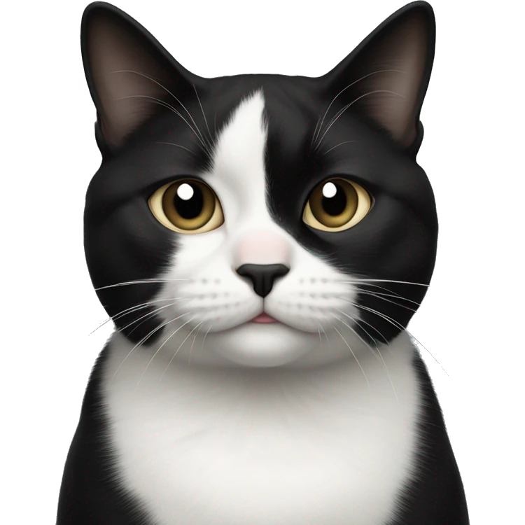 tuxedo cat that has mostly black and white, starting at the her bottom lip and extending down the center of her belly, except for a small black splotch on her chin slightly off-center to the left, and a tiny white mustache directly under her black nose.  emoji