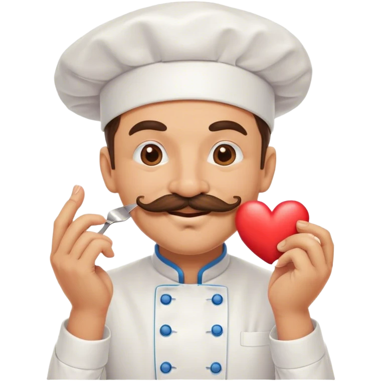 Mustachioed chef with smiling eyes giving a big smooch at his pinched together fingertips with a heart emoji emoji