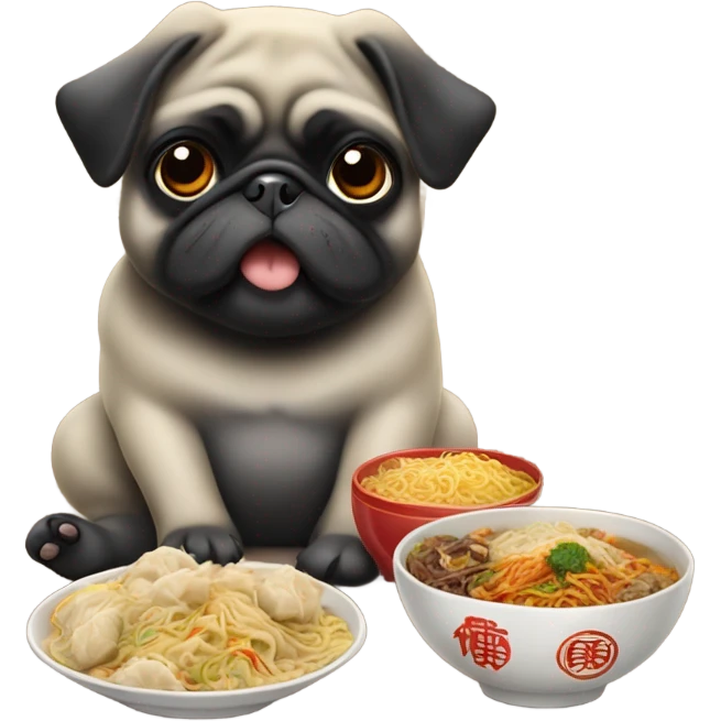 Black pug eating Chinese food emoji