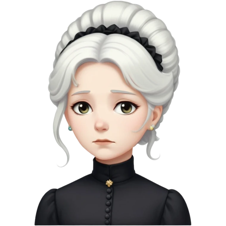 A Victorian woman with elegant coiffed white hair wearing a modest black turtleneck mourning dress looking down with a forlorn expression emoji