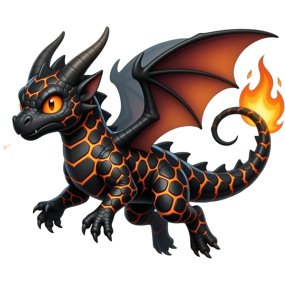 A small draconic creature covered in black scales with molten orange lines between them. It puffs sparks when annoyed and can flare into a blazing glide. emoji