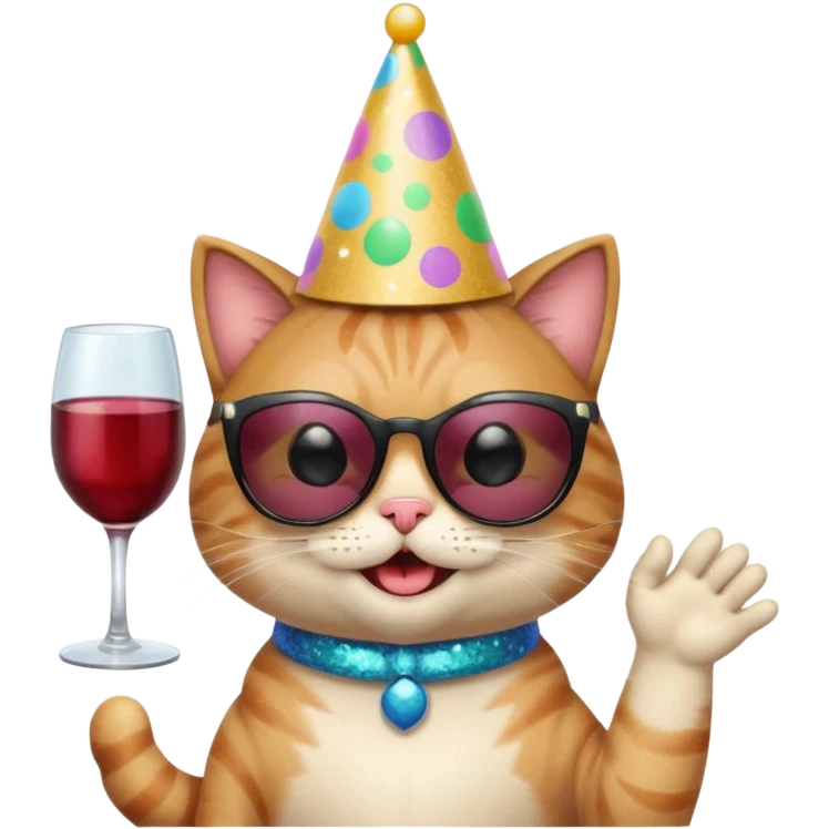 winking happy cat with a massive glittery birthday hat, black sunglasses, and a wine glass emoji