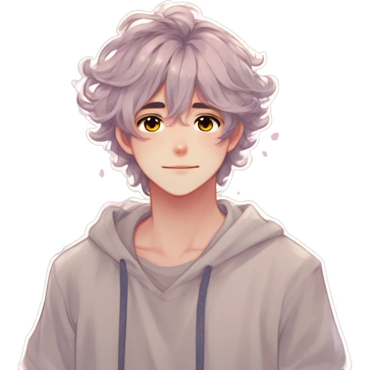 Gorgeous romantic hot attractive anime style modern anime shojo guy with pretty medium-long messy hair and colorful eyes and blushing face aesthetic trending style  pastelcore cottagecore kawaiicore emoji